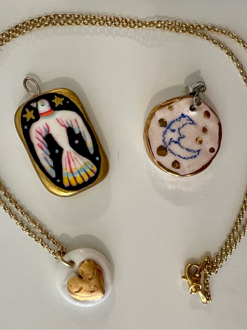 Handmade Ceramic & Porcelain Pendant Charm Necklace Bundle Gold Plated Chain